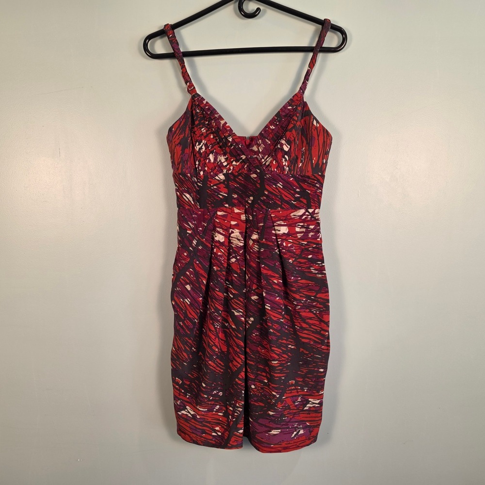BCBGMAXAZRIA Silk Abstract Print Pleated Cocktail Mini Dress Red Size 4 Party